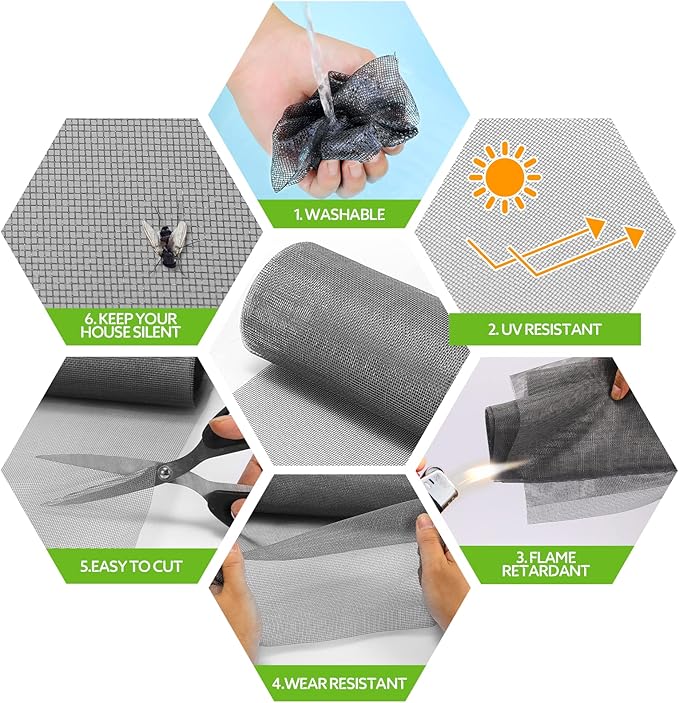 FLYZZZ Window Screen Door Repair Kit, 48"x118" Fiberglass Mesh Replacement with Roller Tool/Hook/Spline/Cutter/Clips/Ruler, 7-in-1 Sliding Patio Door & Screen Door Repair Kit, Gray