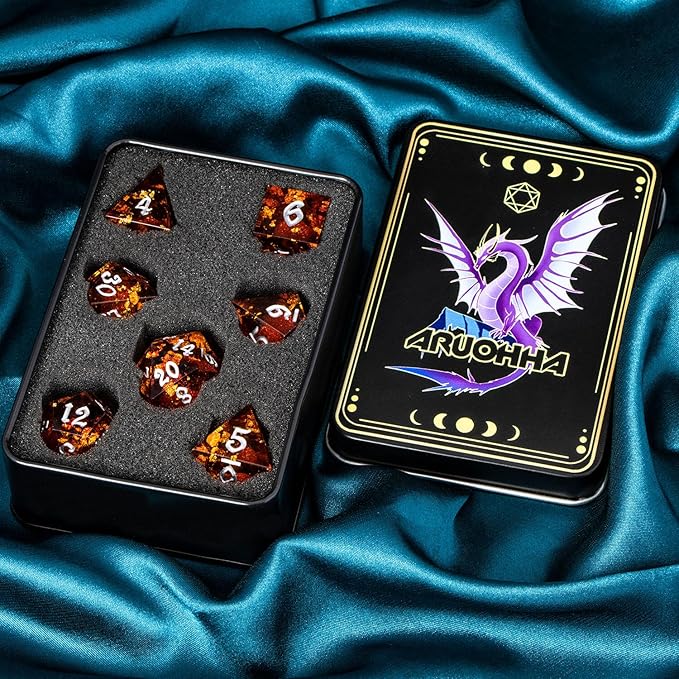 ARUOHHA Liquid Core DND Dice Set, 7pcs Resin Sharp Edged Dragons Dice Role Playing Games, RPG Silver Numbers Red Dungeons Polyhedral Dice with Gift Box D20 D12 D10 D8 D6 D4
