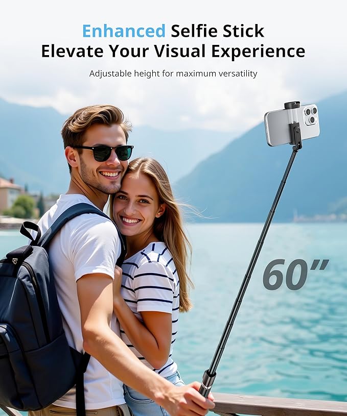 Selfie Stick Travel Tripod for iPhone Wireless Remote for Selfies, Extendable Selfie Stick for iPhone, iPhoneTripod for Video Recording, 60 inch, Black