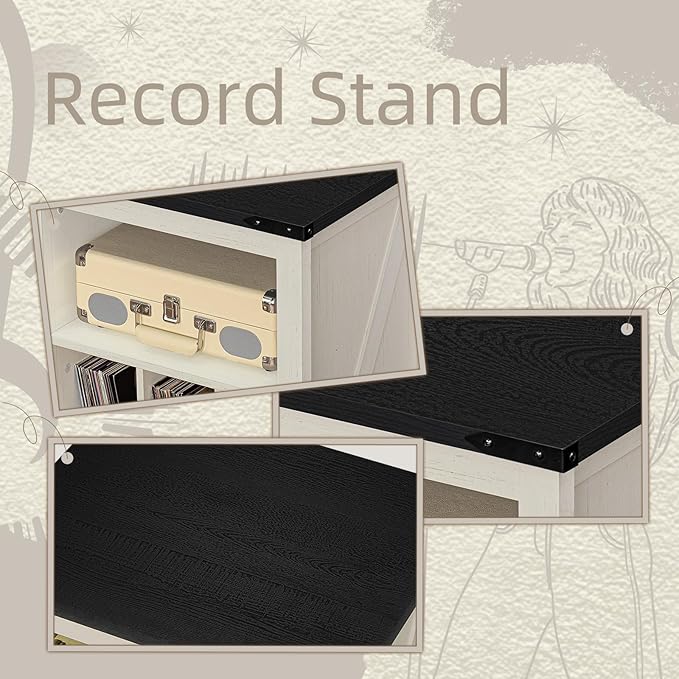 Record Player Stand with Vinyl Record Storage,White Record Player Table Holds up to 160 Albums,Large Wood Turntable Stand Cabinet Dispaly Shelf for Living Room,Bedroom,Office