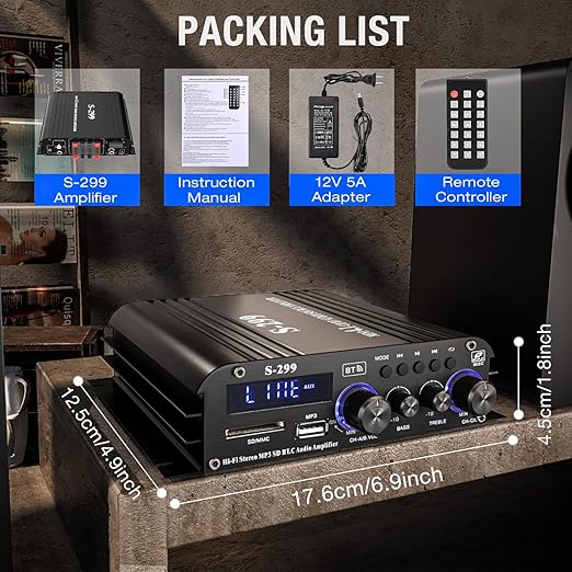 Facmogu S-299 4.1CH Bluetooth Power Amplifier with Active Subwoofer Output (NOT Passive Subwoofer), Max 800W RMS 40Wx4 Subwoofer Amplifier Hi-Fi Integrated Mini Speaker Amp Audio Sub Bass Amp