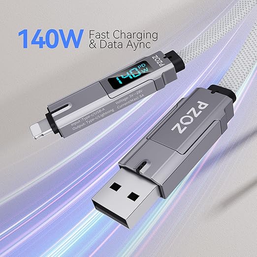 pzoz 4-in-1 USB C Fast Charging Cable with LED Display, Multi USBC Charger Combo Lightning/Type C/USB A Metal Ports for iPhone 16/15/14 Pro Max iPad MacBook AirPods Pro Samsung Google (140W, 5 ft)