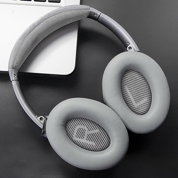 SoloWIT Ear Pads Cushions Replacement, Earpads for Bose QuietComfort 35 (QC35) and Quiet Comfort 35 II (QC35 II) Over-Ear Headphones, Softer Leather, Noise Isolation Foam - PL Silver