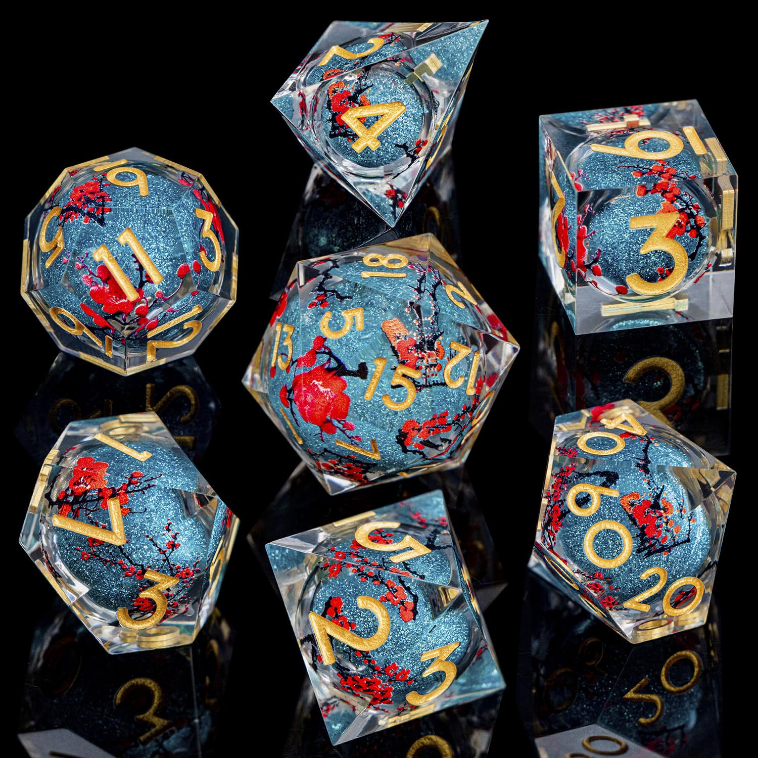 ARUOHHA DND Resin Dice Plum Blossom Liquid Core Dice Golden Blue Sharp Edged Polyhedral Dragons Dice Set with Gift Box, Dungeons D and D Dice Role Playing Game D20 D12 D10 D8 D6 D4