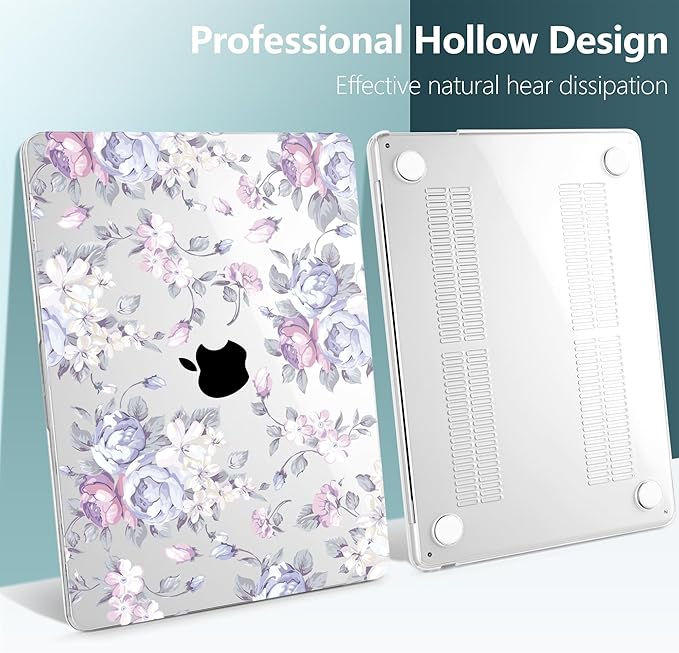 TWOLSKOO for M4 MacBook Air 13.6 inch Case 2025-2022 Release M4 A3240 M3 A3113 M2 A2681, Plastic Hard Shell & Screen Protector & Keyboard Cover & Trackpad Film, Purple Peony