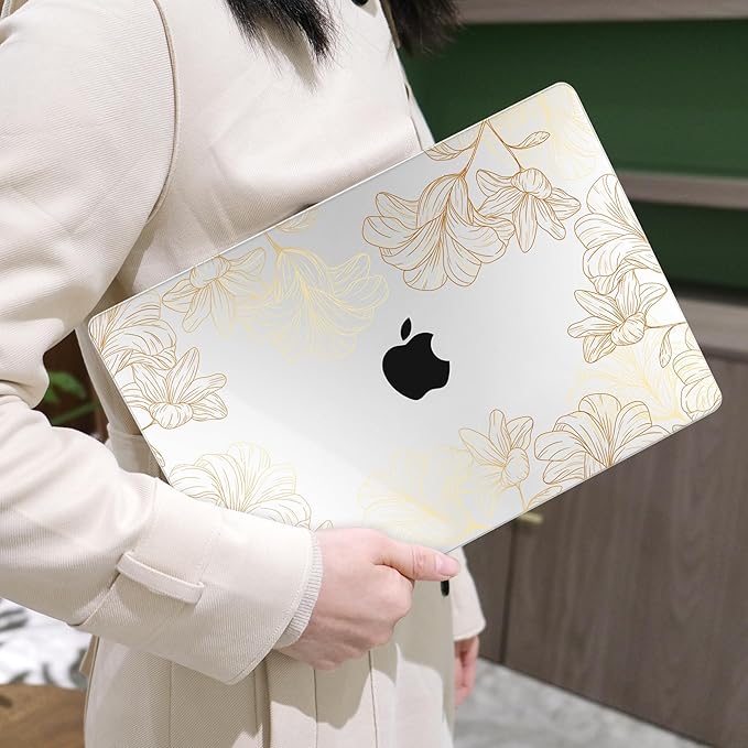MEEgoodo Case for MacBook Air M4/M3/M2 13.6 inch 2025 2024 2022, Fit Model A3240 A3113 A2681, Compatible with MacBook Air 13 inch, Laptop Hard Shell Case with Keyboard Cover, Drawn Golden Floral