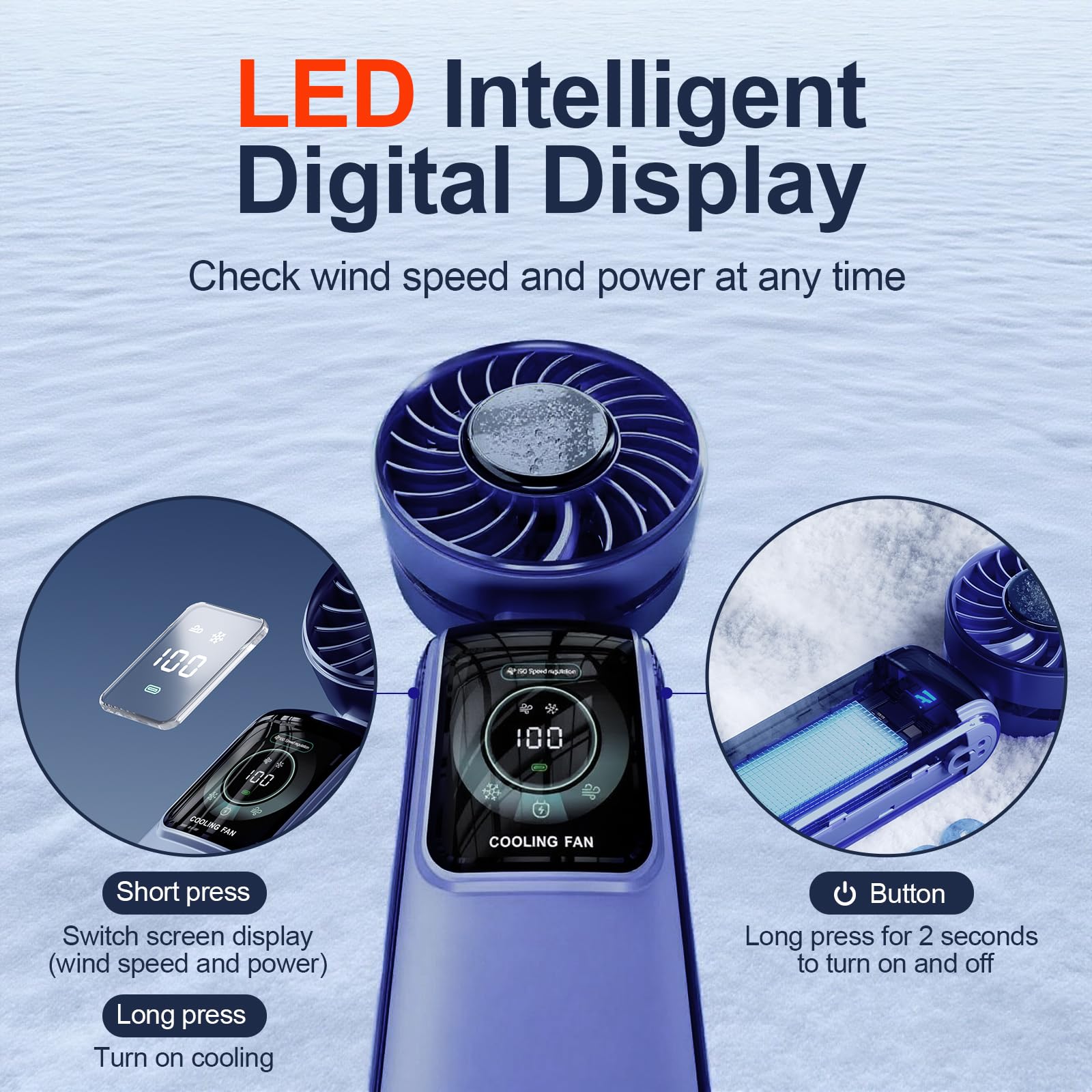 GZEduld Quiet Personal Handheld Fan with Stand & Lanyard, 5000mAh USB-C Rechargeable Battery, 12H Runtime 5-Speed LED Display Mini Cool Fan for Travel Beach Concerts Outdoor Events（Blue）