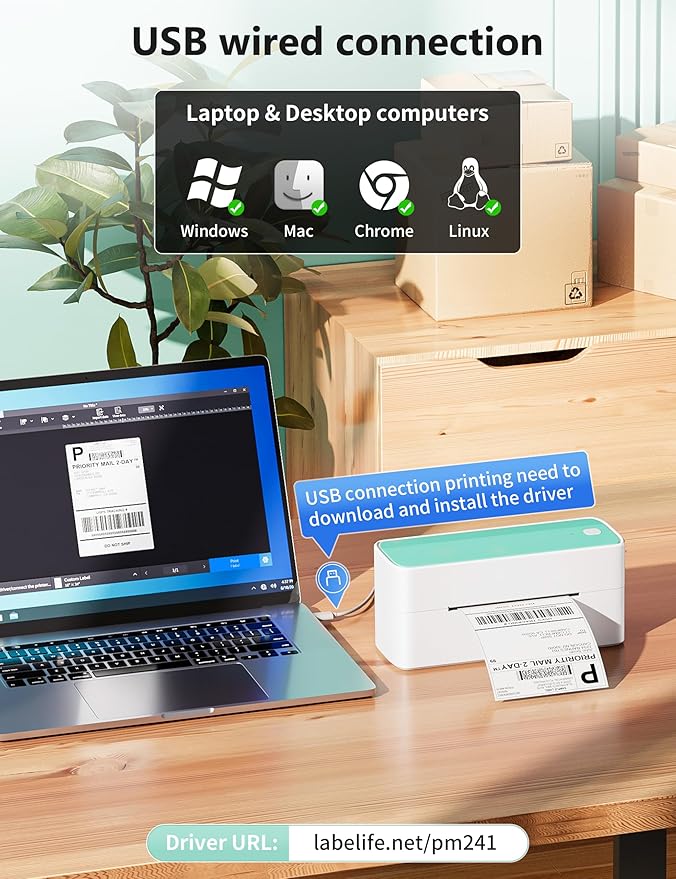 Phomemo Bluetooth Thermal Shipping Label Printer, 241BT Wireless Thermal Label Printer for Shipping Packages, Inkless Thermal Shipping Label Printer, Compatible with iPhone, Android, Green