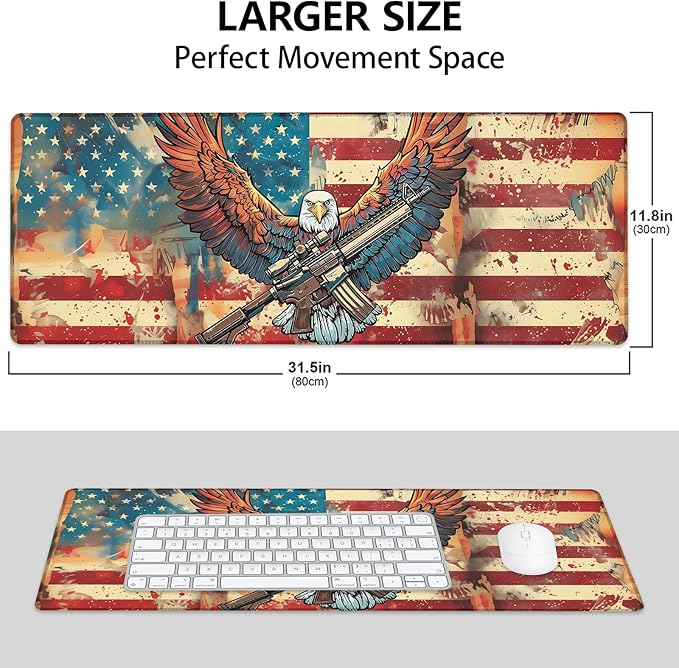 Patriotic Eagle Large Mouse Pad, Gaming Mouse Pad, Keyboard Mat, Non-Slip Rubber Base, Office Accessories, Desk Mat, MousePads for School, Work, Home Decor Gifts 31.5" x 11.8"