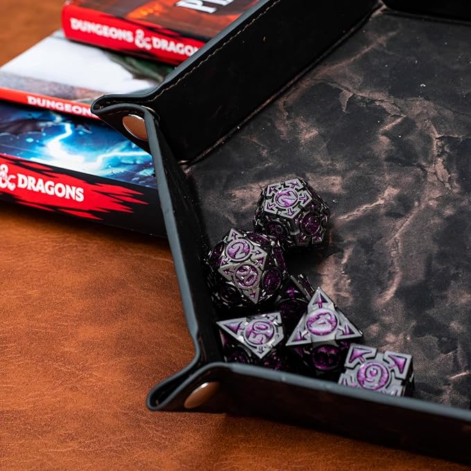 Purple Black Nickel Finish Heavy Metal DND Dice Set (Warlock) with A Metal Box, Sharp Edge Zinc Alloy D&D Accessories, D4-D20, Designed for Dungeons & Dragons Master, RPG Player, Starter
