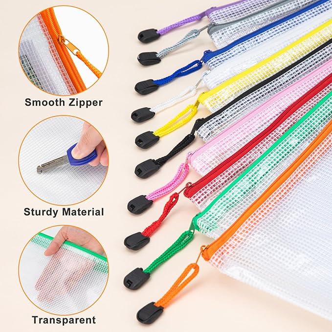 36Pack Mesh Zipper Pouch Bags, Waterproof A4 Letter Size Document Zipper Pouches for Storage, Teacher School, Toys, Puzzle, Office, 12 Colors