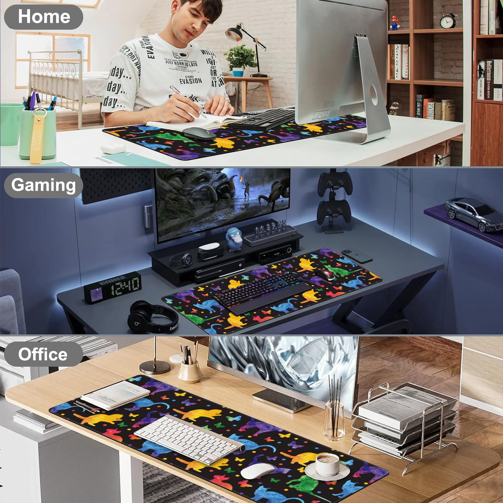 Colorful Cats and Butterflies Desk Mat,Large Watercolor Kittens Butterfly Gaming Keyboard Mouse Pad,Non-Slip Rubber Base Desk Pad Thick Stitched Edges Waterproof Mousepad Mouse Mat 31.5"x11.8"