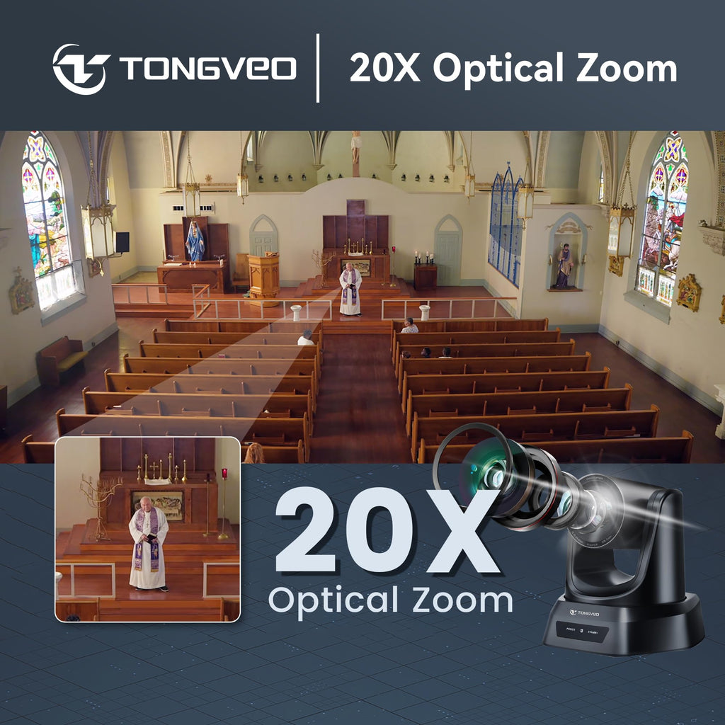 TONGVEO Wireless AI PTZ 20X Zoom Camera with Auto-Tracking: Built-in 5.8GHz Receiver for Cable-Free Setup, 1080P 60fps Conference Camera for Church Services, Online Classes & Hybrid Meetings