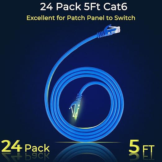 Rapink Patch Cables Cat6 5ft (24 Pack), Ethernet Patch Cable 10G Support, Cat 6 Patch Cable for Patch Panel to Switch, Flexiable Cat 6 Ethernet Cable with Gold Plated Blue