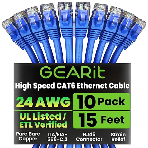 GearIT Cat 6 Ethernet Cable Pack - 10-Pack 15 ft Cat6 Ethernet Patch Cables | RJ45 Network Patch Cable, 10 Gbps Snagless Gold-Plated Connectors - Ethernet Cable Cat 6 for PC, TV, Router - Blue