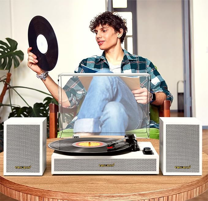 Vinyl Record Player with External Speakers, 3 Speed Vintage Belt Drive Turntable Record Player with Stereo Speakers RCA Audio Out and Aux-in, White Wood