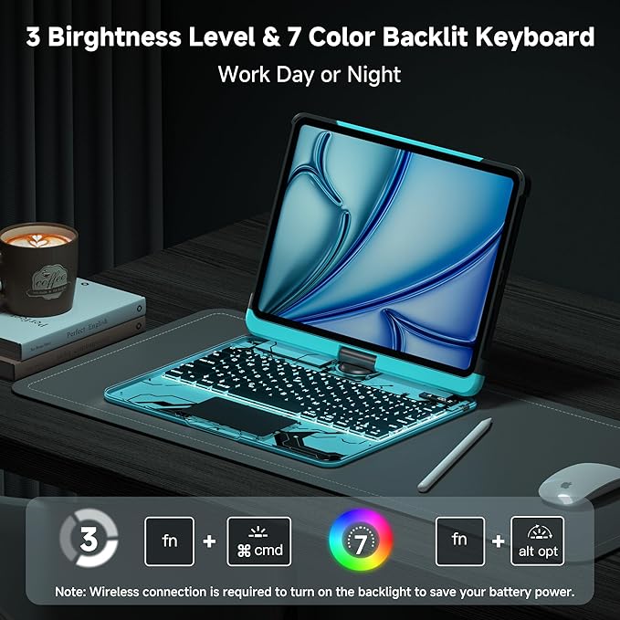 iPad Keyboard Case for 2024 M4 iPad Pro 11 inch, Magic Wireless Keyboard with Trackpad 7 Color Backlit, 360° Rotating Stand Transparent Protective Cover with Pencil Holder (Cyan)
