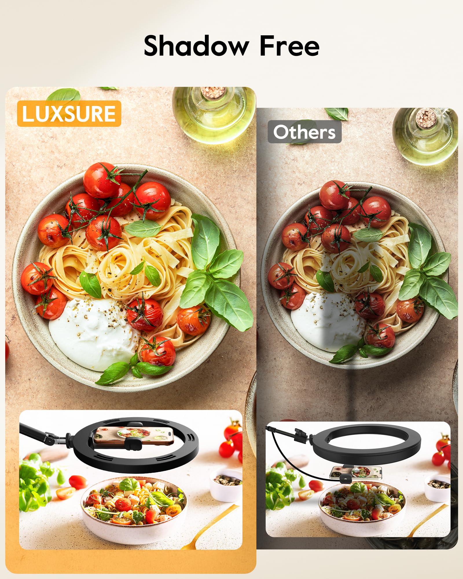 LUXSURE Ring Light with Stand for Desk,Adjustable Overhead Phone Mount with 10" Selfie Light Phone Tripod with Ring Light and Remote, Phone Stand with Light for Video Recording,Live Stream,Cooking