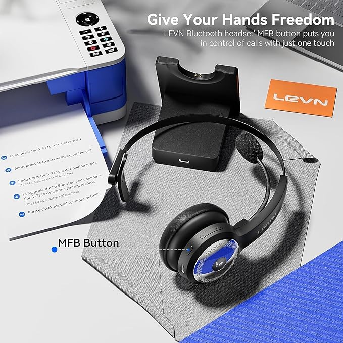 LEVN Bluetooth 5.0 Headset, Wireless Headset with Microphone (AI Noise Cancelling), 35Hrs Bluetooth Headphones with USB Dongle for PC, Suitable for Remote Work/Call Center/Zoom/Online Class/Trucker