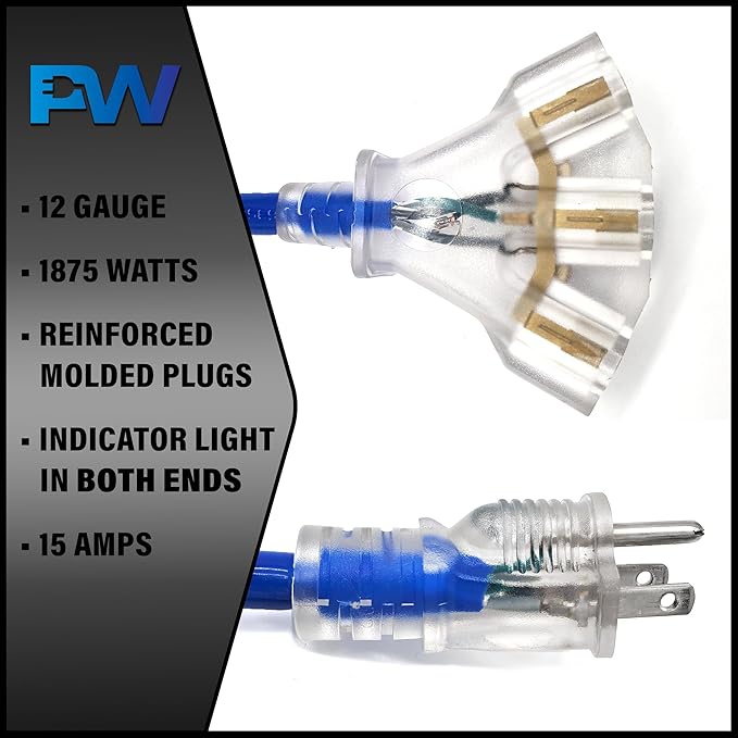 15 ft - 12 Gauge Heavy Duty Extension Cord - Lighted on Both Ends - SJTW Blue - Outdoor Extension_Cord Waterproof 15 ft by Premier Wire - 15 Amp ExtensionCord (15 Foot 12-Awg Power Cord Blue)