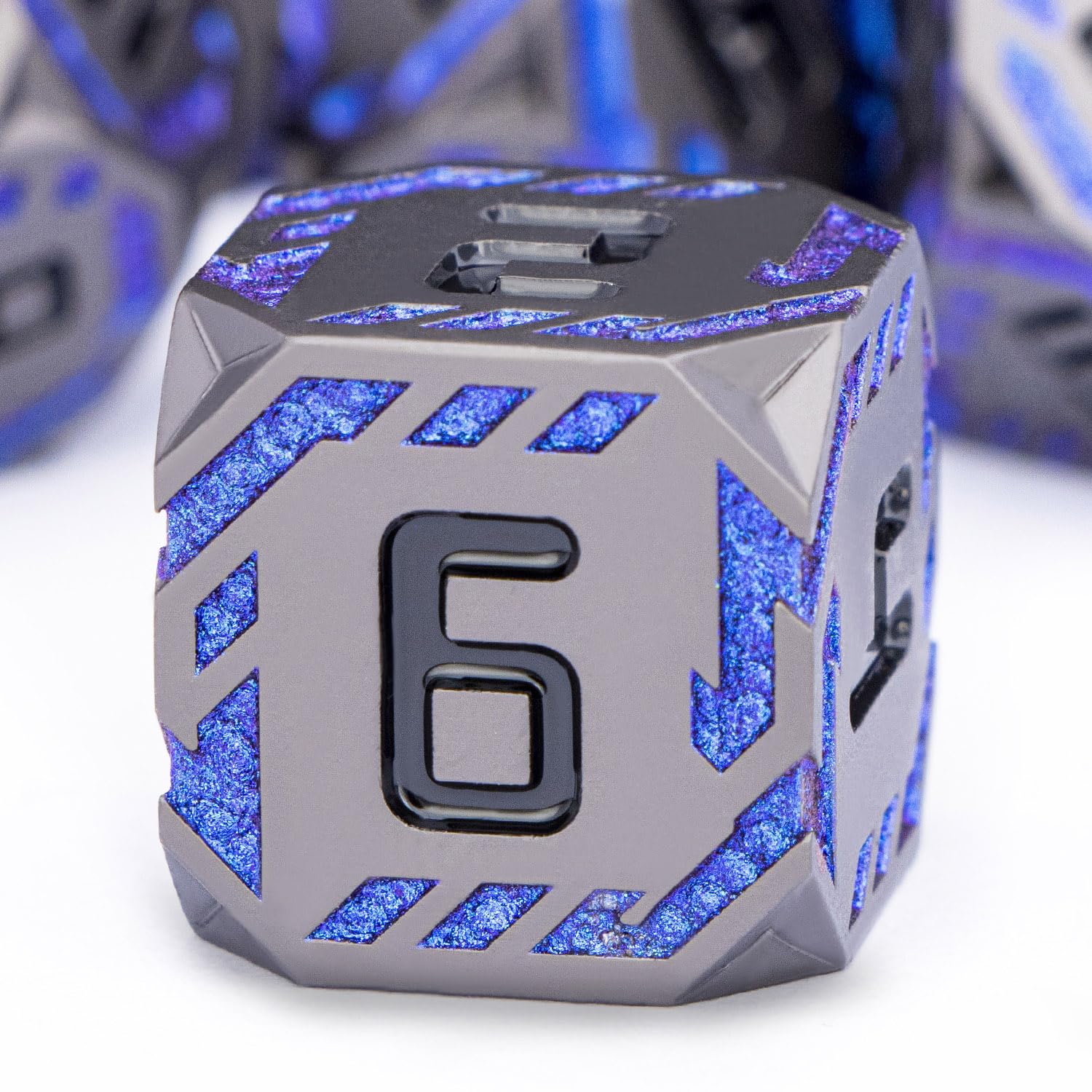 OGCOPHEN Metal DND Sci-fi Dice Set 7PCS Stripe Polyhedral Dice for Dungeons Dragons RPG Role Playing Game, Glitter D and D Dice with Gift Box D6 D8 D10 D12 D20 (Black&Blue Purple)