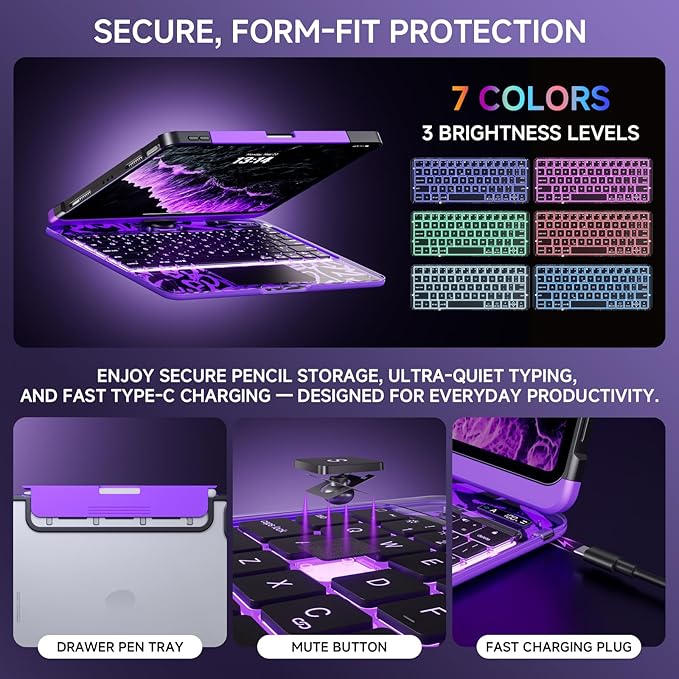 Transparent Case with Keyboard for iPad 11th Gen 11 Inch.(A16, 2025) & 2022 iPad 10th Gen 10.9 Inch,7-Color Backlit,Wireless Keyboard, 360°Rotating,with trackpad,Pencil Holder,with Shortcuts,Purple