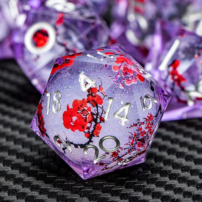 ARUOHHA DND Resin Dice Plum Blossom Liquid Core Silver Purple Sharp Edged Polyhedral Dragons Dice Set with Gift Box, Dungeons D and D Dice Compatible with D&D Role Playing Game D20 D12 D8 D6 D4