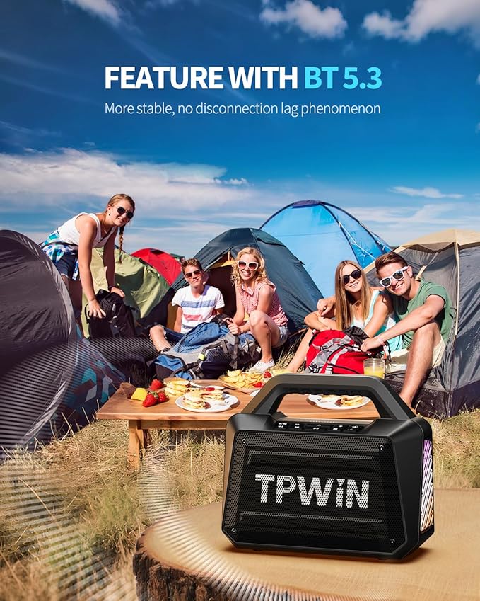Portable Bluetooth Speaker - 80W Peak Loud Speakers, 20H Playtime for Outdoor Adventure, Lightshow, TWS, Deep Bass, BT 5.3 Wireless, IPX6 Waterproof for Travel Hiking Camping Beach Pool - Black
