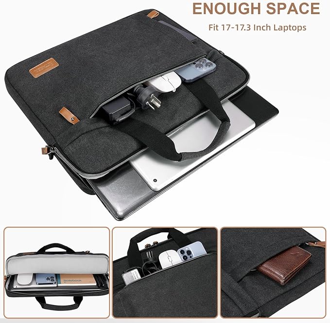 ESTARER Laptop Bag 17-17.3 Inch, Computer Bags for Men Water-resistant Canvas Laptop Case Slim Laptop Sleeve Fits Hp/Dell/Asus/Lenovo/Acer, Dark Grey