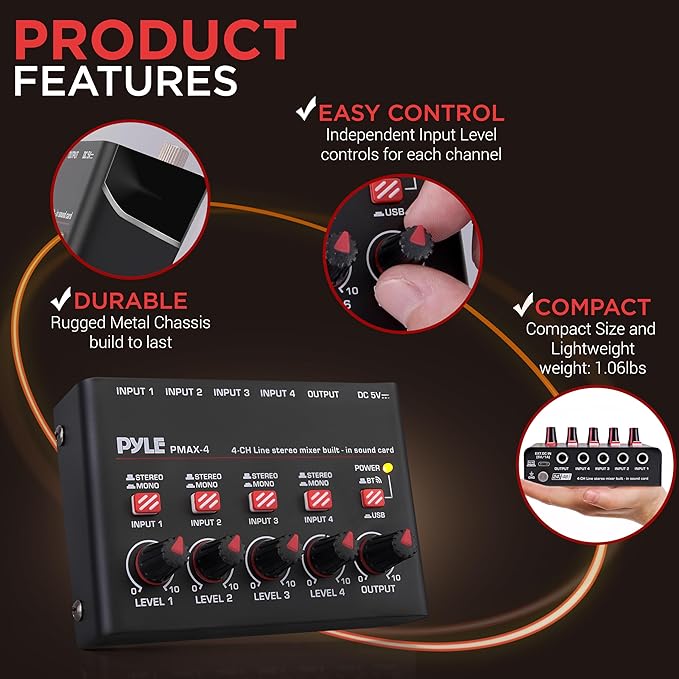 Pyle 4-Channel Wireless Bluetooth 5.0 Line Mixer - USB Audio Interface - 4 Mono/Stereo Inputs - Ultra-Low Noise - High Headroom - Built-in USB-C Sound Card - Compact Metal Chassis - PMAX4