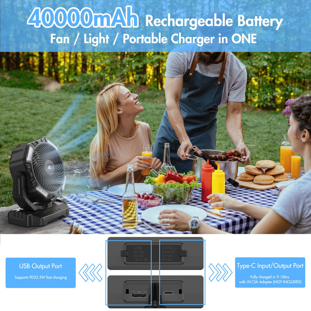 40000mAh Battery Powered Fan, Rechargeable Oscillating Floor Fan with Remote, 136H Cooling Max Camping Essentials for RV, Fathers Day Gift for Men Dad Blue Collar Workers, Co-Branded with AMACOOL