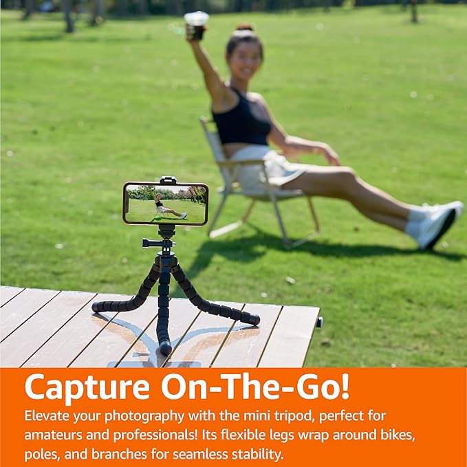Amazon Basics Portable and Flexible Tripod with Wireless Remote and Smartphone Clamp, 10-inch long, Black