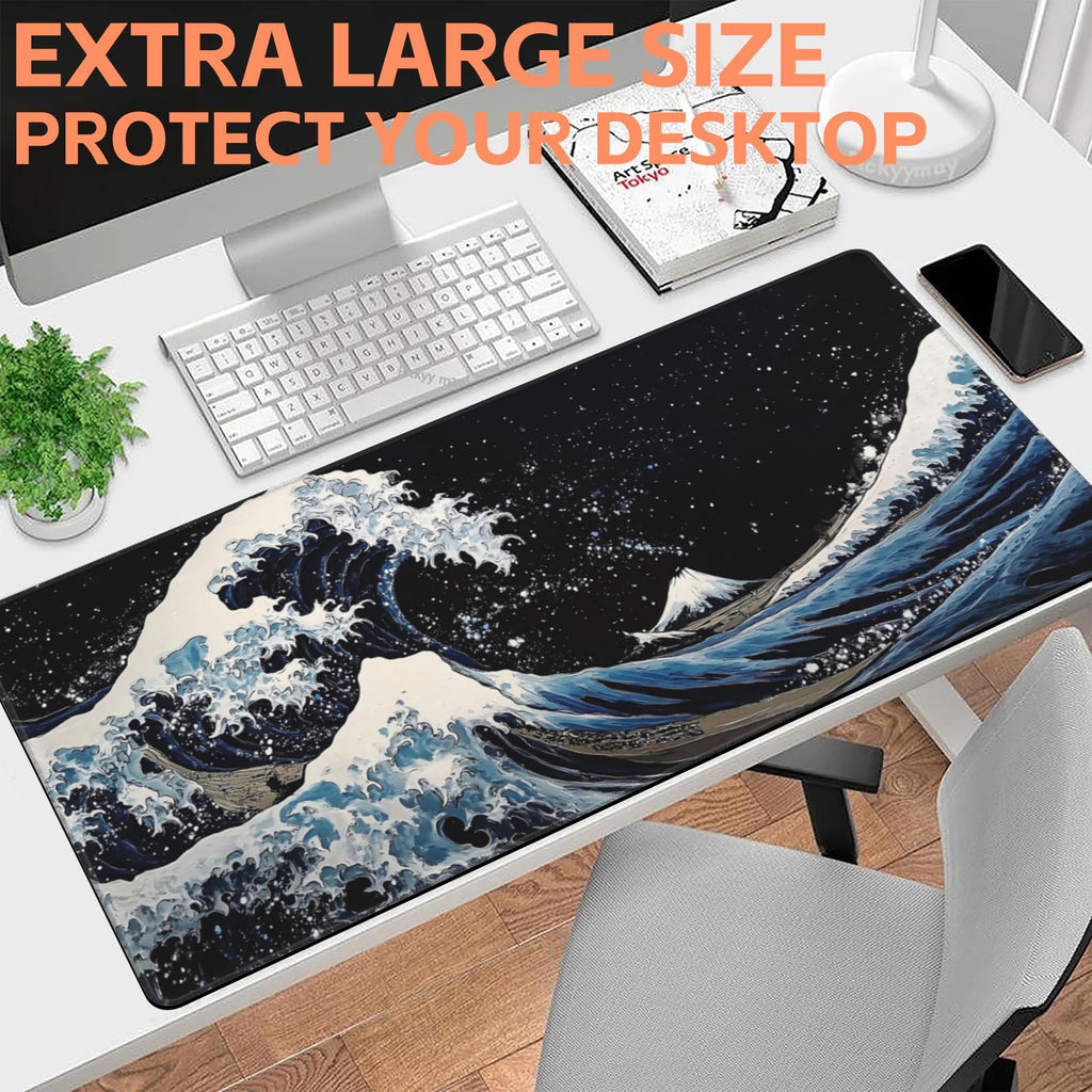 NIYLYNSYN Mouse Pad Large Wave in The Night Sky Non-Slip Game Desk Mat with Stitched Edge Laptop Keyboard Desk Pad for Work Home Gaming (35.4 x 15.7 Inches)