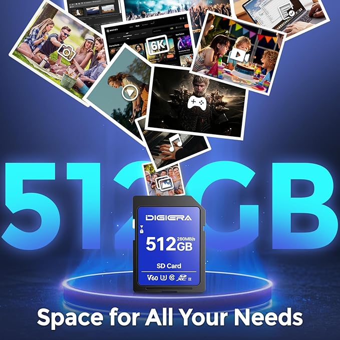 512GB LSU100 SDXC UHS-II Memory Card - up to 280MB/s, C10, U3, V60, 6K, SD Card for Computers, Digital Cameras, Home Theatre Devices, Car Navigation Systems (1 Pack)