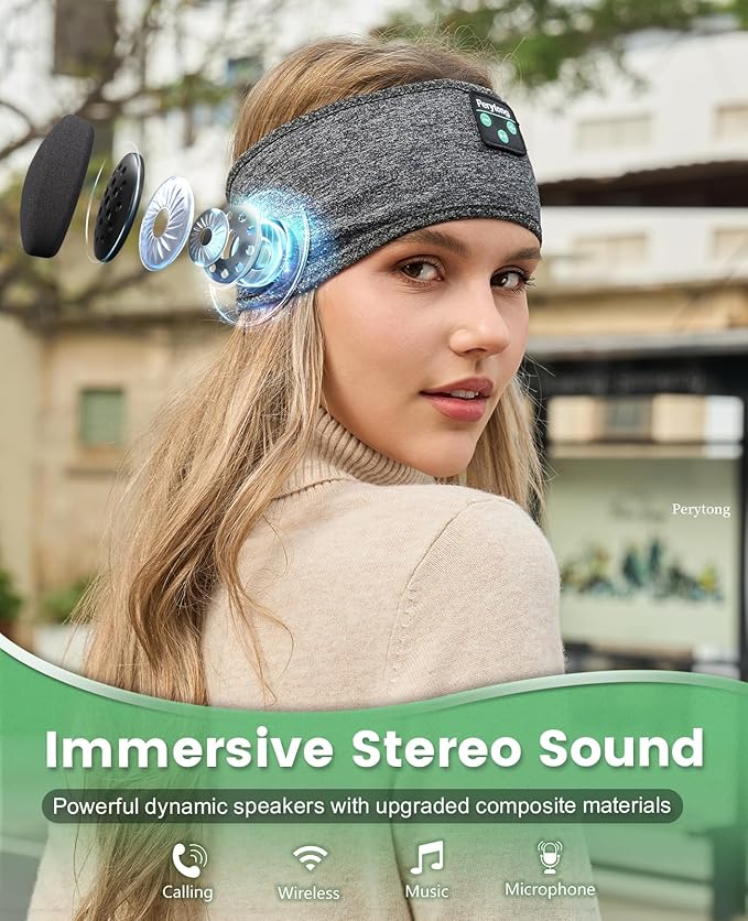 Perytong Sleep Headband - Bluetooth Sleeping Headphones for Side Sleepers - Comfortable Headband with Thin Speaker Microphone Gift Ideas for Women & Men