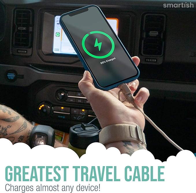 Smartish USB-C/Lightning Cable for iPhone 16/15/14 - Crown Joule - 6 Foot Universal Fast Fabric Wrapped Charging Cable w/Micro-USB - Apple MFi Certified for iPhone 13/12/SE/iPad/AirPods/Android - Tan
