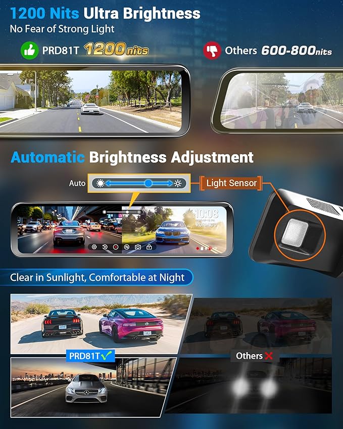 PORMIDO OEM Rear View Mirror Camera with Auto-Brightness, 11" Mirror Dash Cam with 2K Ultra-Bright Touchscreen, Detached Front Backup Rearview Zoom Built-in GPS Night Vision 64GB Card Parking Monitor
