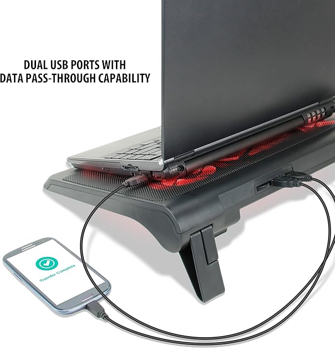 ENHANCE Gaming Laptop Cooling Pad Stand with LED Cooler Fans , Adjustable Height , & Dual USB Port for 17 inch Laptops - 5 Ultra Quiet High Performance Fans 2630 RPM & Built-In Bumpers - Red