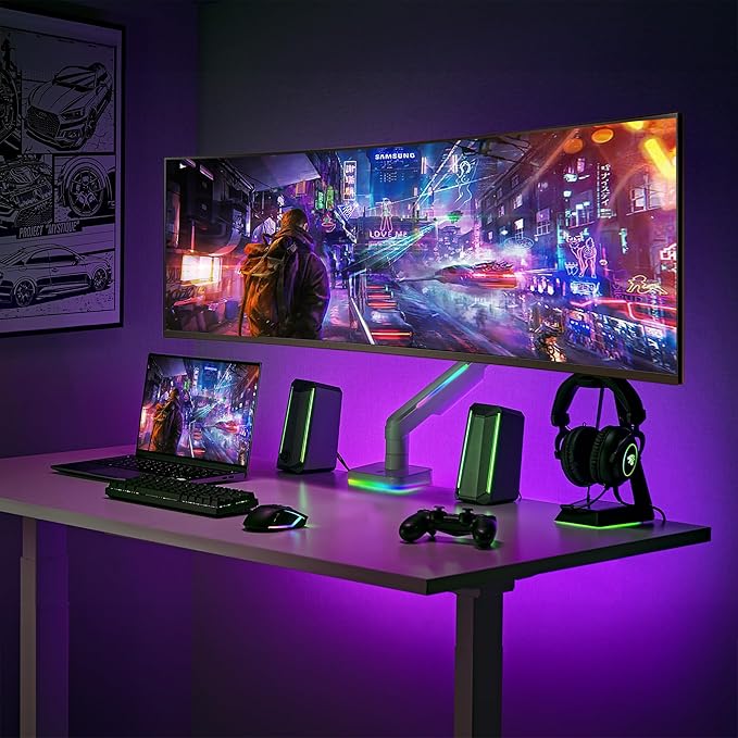 AVLT RGB Lights Single 17”-49” Gaming Monitor Arm Desk Mount, Fits One Flat/Curved/Ultrawide Screen up to 44lbs(20kg), Height Swivel Tilt Adjustable Stand - White