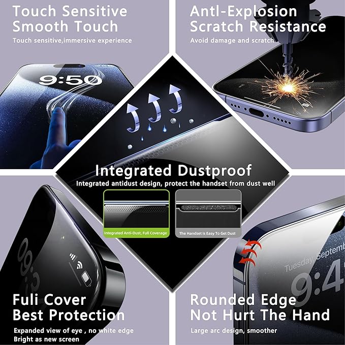 2 Pack Screen Protector for iPhone 12 Pro Max, 9H Tempered Glass, Full Coverage, Anti-Fingerprint, Auto Dust-Elimination, No Bubble, Easy Installation