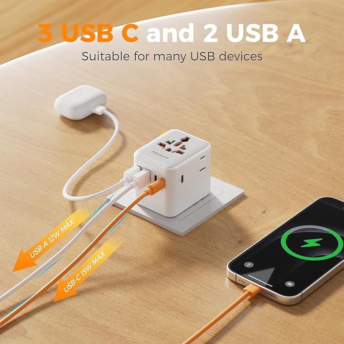 TESSAN Universal Travel Adapter, International Power Adapter with Extra 2 Prong AC Outlet, 5 USB Ports (3 USB C), 28W Worldwide Plug Adaptor for US to Europe UK Australia Ireland (Type C G A I)