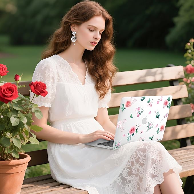 Batianda Case for M1 MacBook Air 13 Inch Model A2337 A2179 A1932 2021 2020 2019 Release,Lovely Floral Design Matte Hard Shell with Keyboard Cover & Screen Protector, Peach Rose