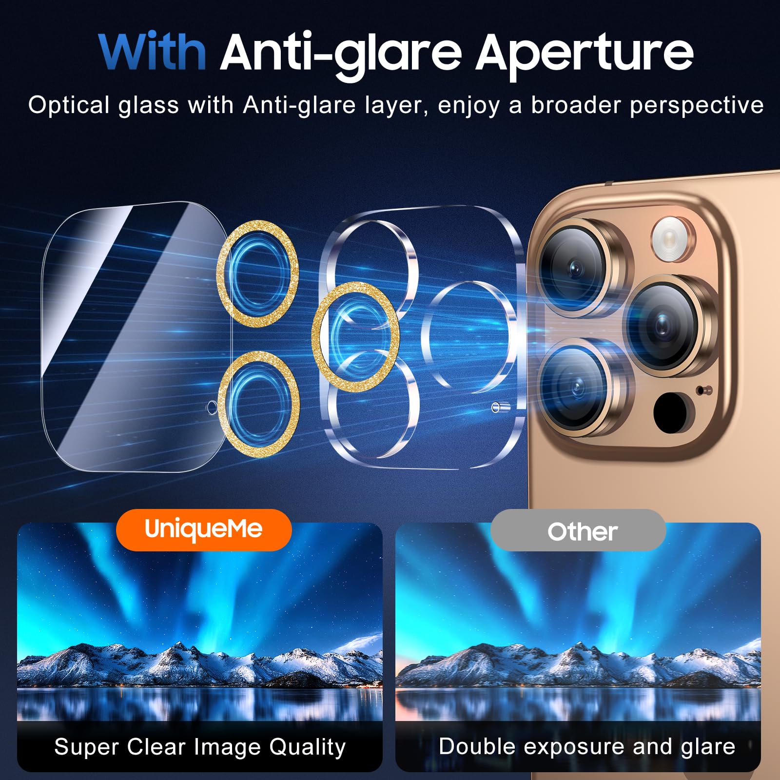 UniqueMe for 3 Pack iPhone 16 Pro/16 Pro Max Camera Lens Protector- Gold