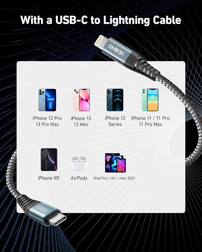 ohbox USB C to Lightning Cable 6FT 2Pack MFi Certified USBC iPhone Charger Cord Heavy Duty Type C iPhone Cable Compatible with iPhone 14 13 12 11 Pro Max Mini 8 Plus SE iPad and More