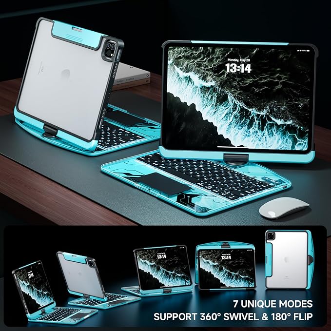 Transparent Case with Keyboard for iPad 11th Gen 11-in.(A16, 2025) & 2022 iPad 10th Gen 10.9-in,7-Color Backlit,Wireless Keyboard, 360°Rotating,with trackpad,Pencil Holder,with Shortcuts,Blue