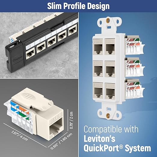 Everest 45° Angled RJ45 Cat6 Keystone Jacks 50-Pack in Light Almond - Slim Profile Female RJ45 Connectors - Cat 6 Keystone Jack - Compatible with 45° Angled Speed Termination Tool - 45Term