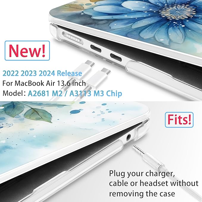 Mektron for 2025 M4 MacBook Air 13.6 Inch A3240 Case Fits 2023 A2681 M2 2024 A3113 M3 Chip with Liquid Retina Display, Printed Plastic Hard Shell Cover for MacBook Air 13.6", Watercolor Blue Flower