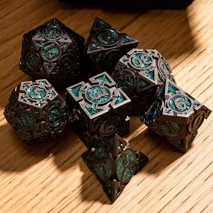 Green Black Nickel Finish Heavy Metal DND Dice Set (Ranger) with A Metal Box, Sharp Edge Zinc Alloy D&D Accessories, D4-D20, Designed for Dungeons & Dragons Master, RPG Player, Starter