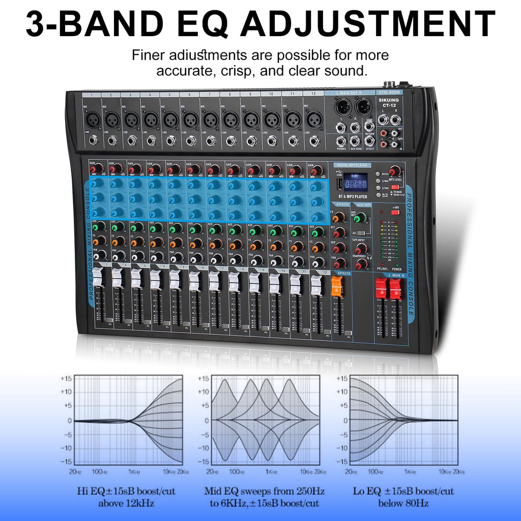 SIKUING 12 Channel Audio Interfacer Sound Board Mixer DJ Mixer 16-Bit DSP Effect USB Audio Mixer +48V Phantom Power Bluetooth Mixer for Karaoke Studio Streaming Recording,Live Streaming
