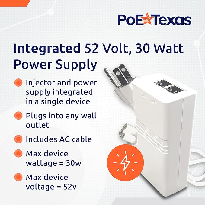 Poe Texas PoE Injector - Single Port PoE+ Power Over Ethernet PoE Adapter for 802.3at - 10/100/1000 Gigabit Data with Integrated 52V 30W Power Supply - Plug & Play USB-C Tablet, IP Camera, VoIP